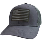Black cap with leather American flag patch on a dark background