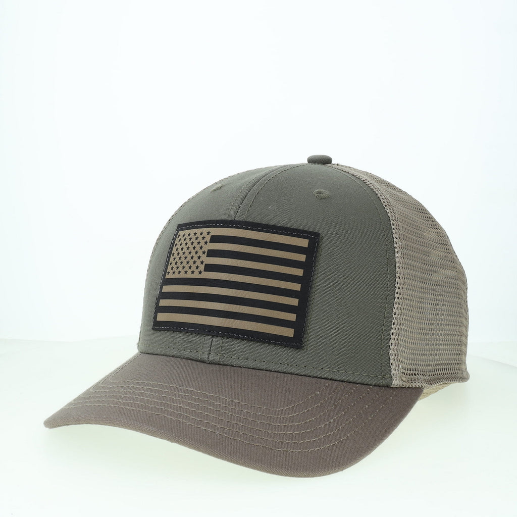 Olive cap with leather American flag patch on an olive background