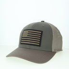 Olive cap with leather American flag patch on an olive background