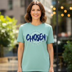 Woman wearing a salwater green t-shirt with 'Chosen' printed.
