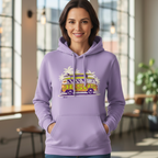 Woman wearing a lavender hoodie with a Jesus Bus graphic design