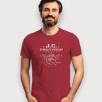 Man wearing a red t-shirt with 'J.C. Provision Company' logo on a white background