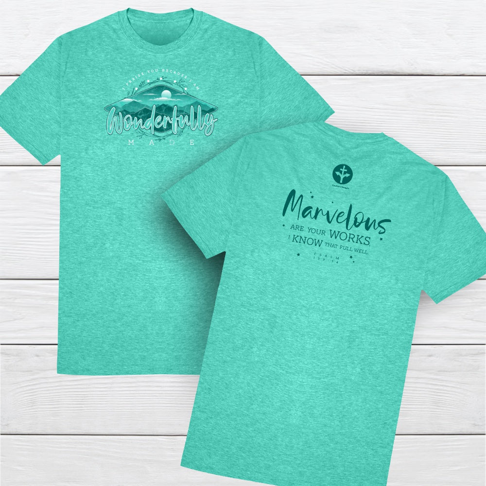 Fearfully & Wonderfully Made Women's T-shirt image Sea Green Color with Teal and white ink